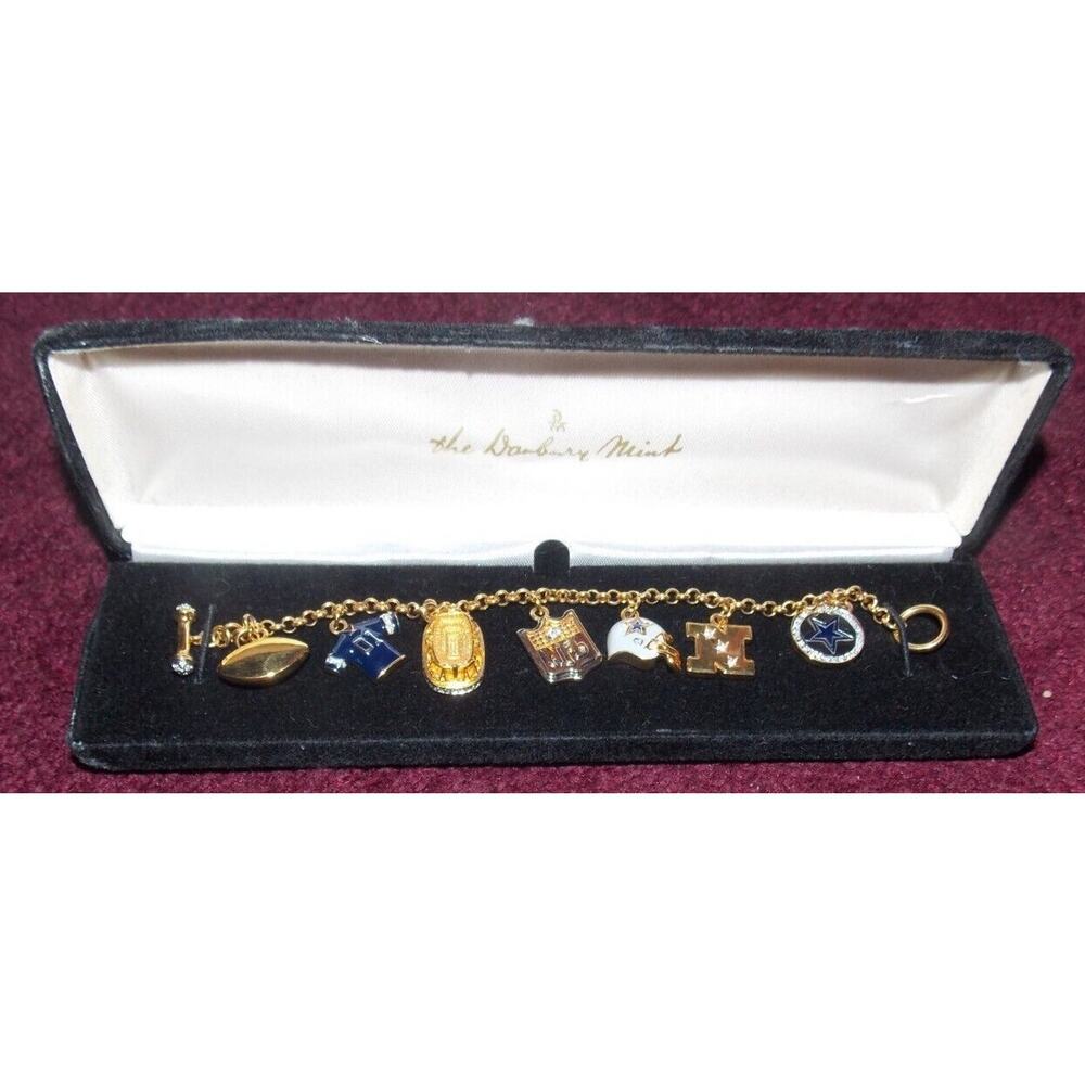 DANBURY MINT DALLAS COWBOYS Charm Bracelet (7) 24KT GOLD-PLATED CRYSTAL CHARMS